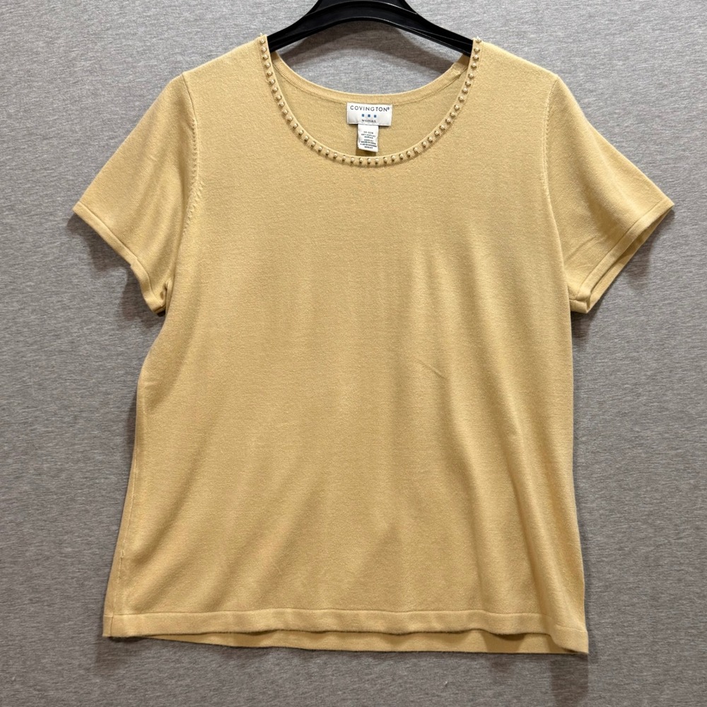 Covington Knit Top Women 20-22W Yellow Pearl Neck Short Sleeve Office Minimalist
